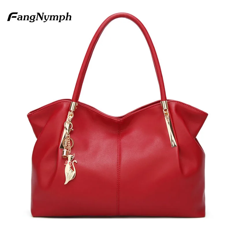 

FangNymph Brand New Fahion Large Red Soft Leather Shoulder Hand Bags for Women 2018 Luxury Ladies Tote Bag Bucket Handbags Girls