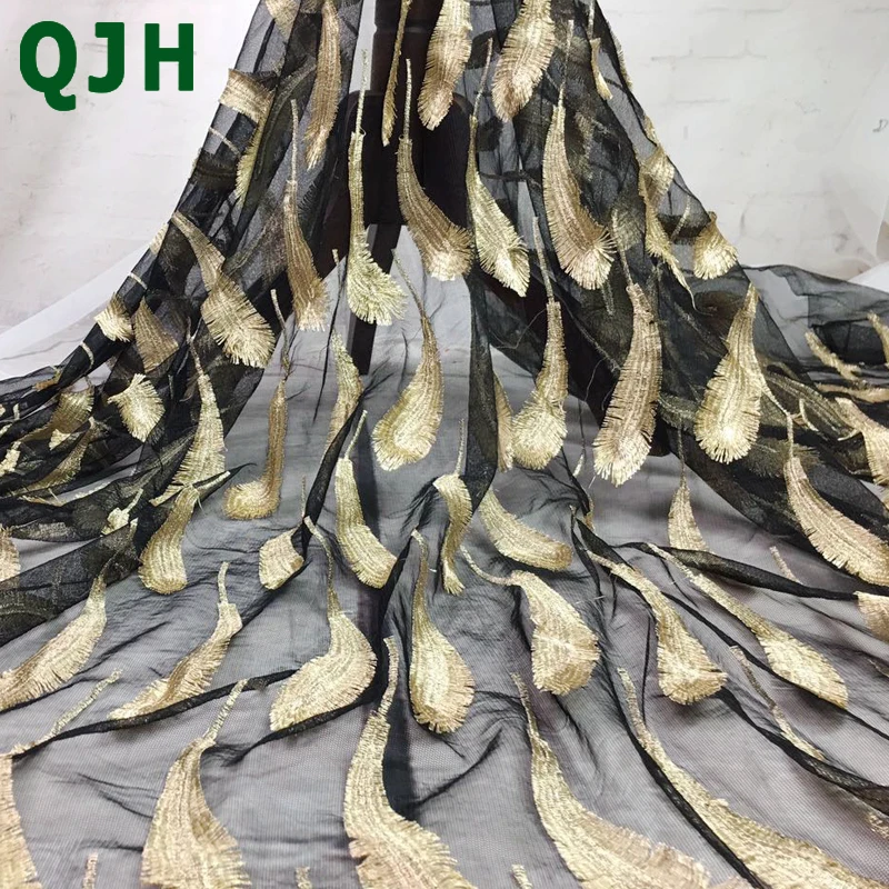 

QJH 1yard refinement gold line feather three-dimensional embroidery Lace fabric DIY Sewing Fashion ladies dress lace cloth T3096