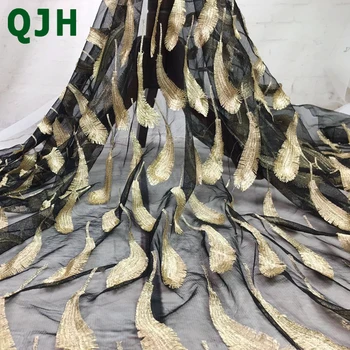 

QJH 1yard refinement gold line feather three-dimensional embroidery Lace fabric DIY Sewing Fashion ladies dress lace cloth T3096
