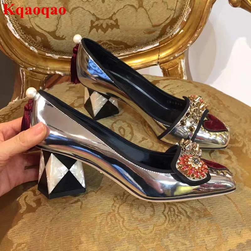 

Patent Leather Women Pumps High Heels Square Toe Crystal Embellished Rivets Shoes Chic Lady Party Runway Funky Sapato Feminino