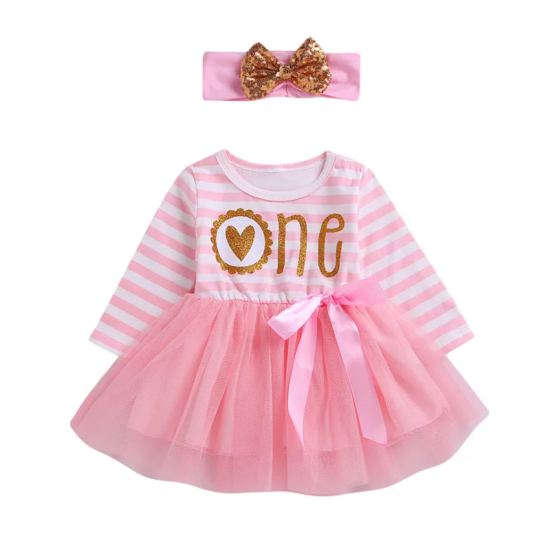 Платье для маленьких девочек 0-24 месяцев, розовое кружевное платье-пачка, платье в красно-белую полоску для девочек, принт с буквами для детей, подарок на 1 год - Цвет: Long Sleeve