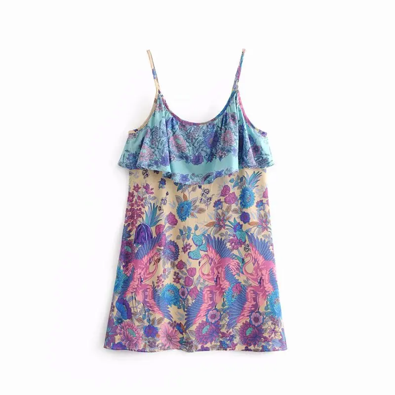 GYPSY Boho Chic Summer Vintage Floral Bird Print Ruffles Strap Dress Fashion Clothing Backless 