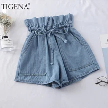 Джинсовые шорты TIGENA с эластичным поясом и высокой талией для женщин, лето, корейские джинсовые шорты для женщин, синие белые короткие штаны для женщин