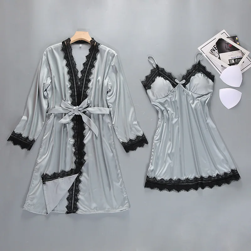 

Female Robe Kimono Bathrobe Bride Bridesmaid Sexy Lace Trim 2PCS Robes Set Strap&Robe Sleepwear Wedding Gift Cosmetic Bath Gown