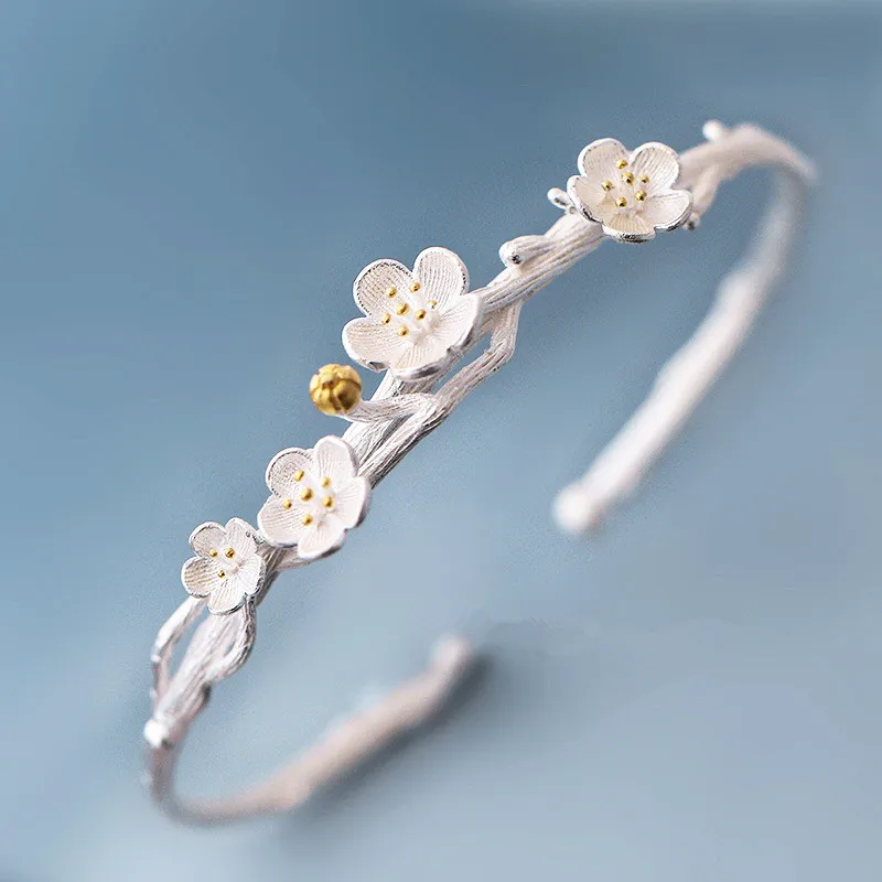 

Adjustable 925 Sterling silver plum blossom sakura bracelet cherry blossom flower cuff bracelet bangle for women cute jewelry