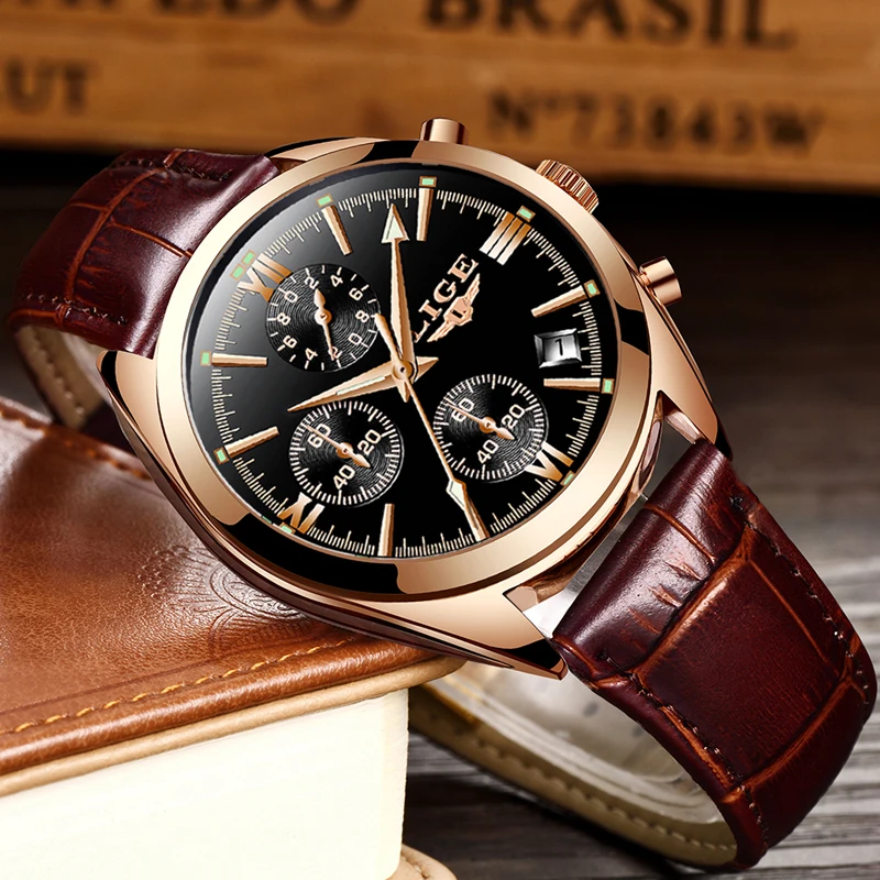 LIGE Mens Watches Brand Luxury Chronograph Quartz Watch Men Leather
