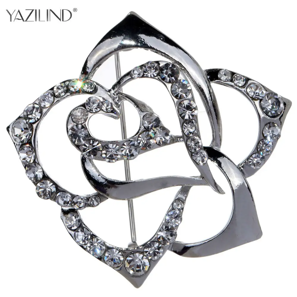 

Fashionable Flower Brooch Pin Women Hollow Sliver Plated Roses Crystal Brooches Gift
