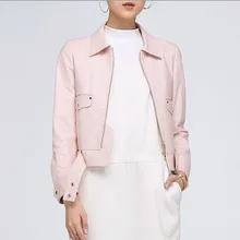 Весна г. милые розовые Пояса из натуральной кожи куртка Для женщин овчины молния с поясом VESTE simili Cuir Femme