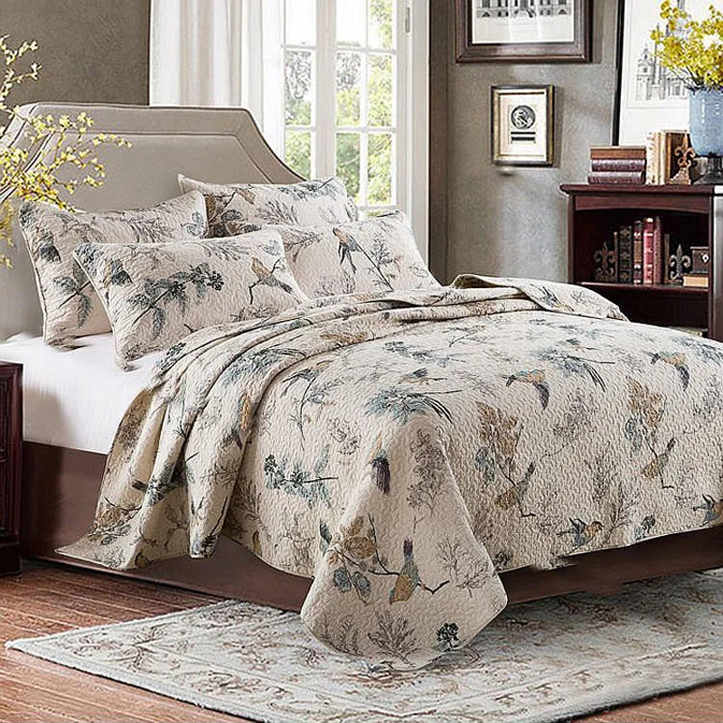 Quality Quilt Set 3pcs Washed Cotton Quilts Quilted Bedspread Bed Cover Sheets Bird Printed Coverlet Set King Size QT004