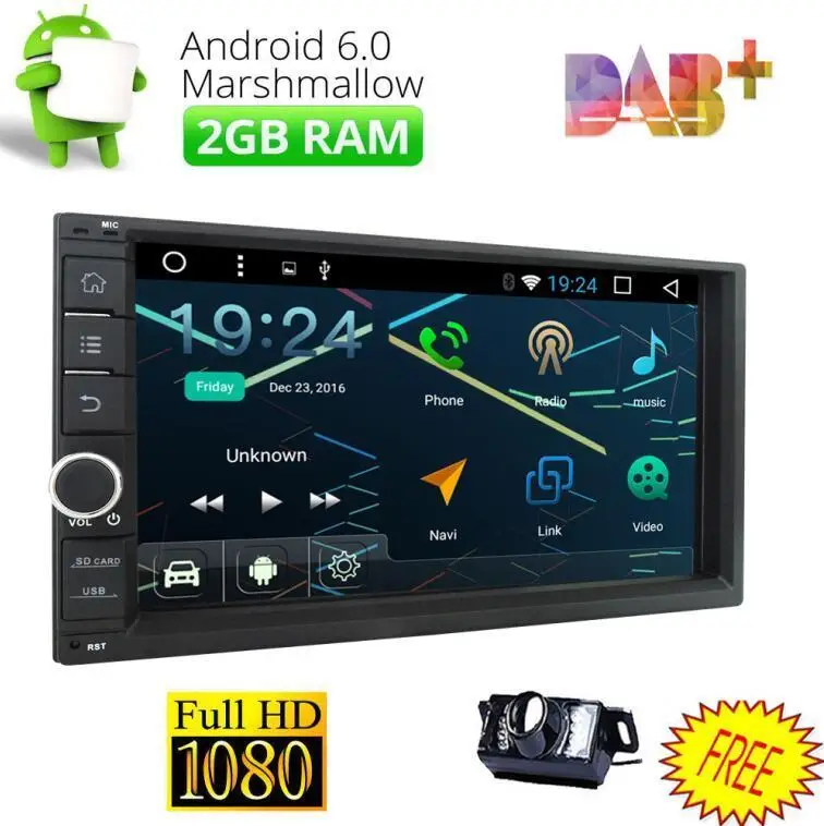 Sale CAMERA+2GB RAM Android 6.0 Double Din Car Stereo Radio GPS Wifi 3G OBD2 HD DAB+ 2