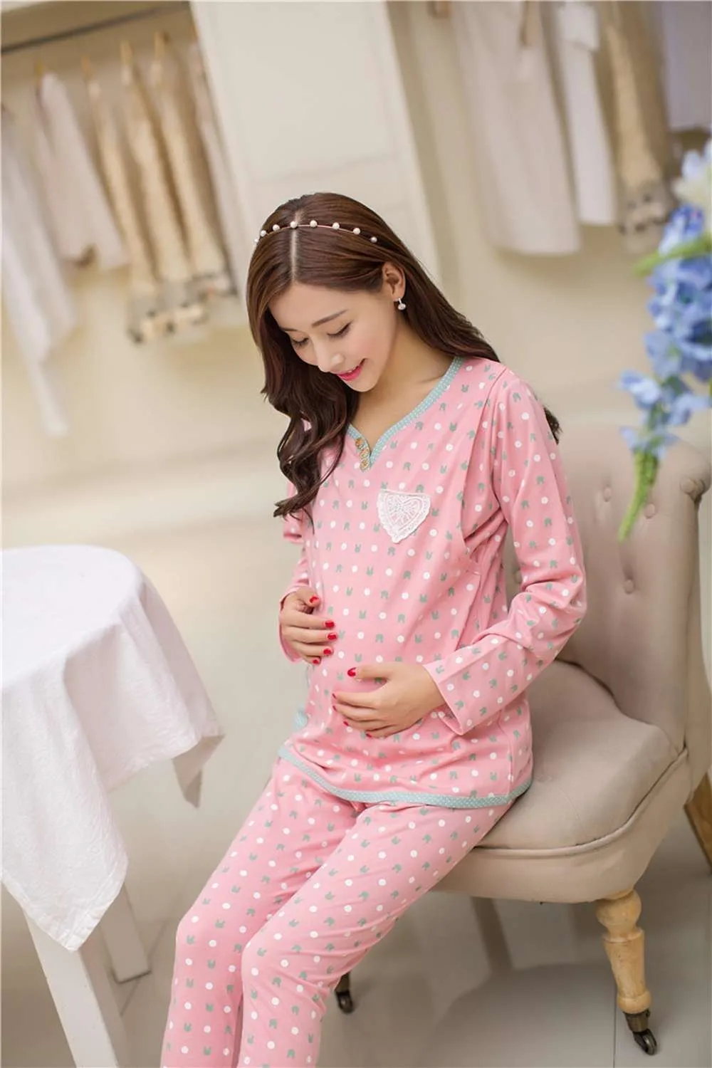 2 шт. для беременных и кормящих пижамы набор цветок точка хлопок регулируемая беременных кормящих пижамы для беременных грудного