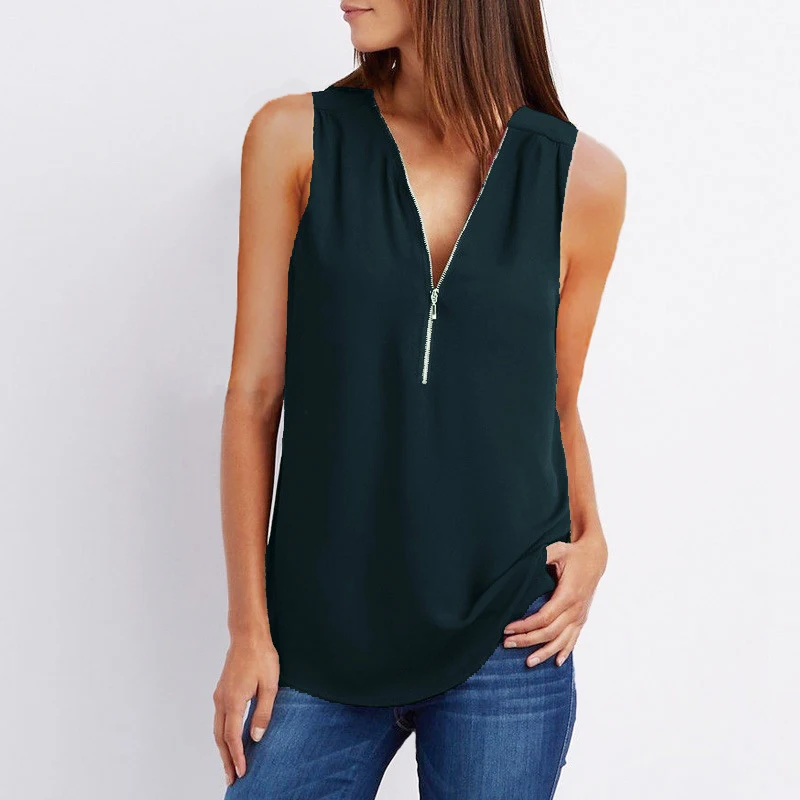 Plus Size S-5XL Chiffon Blouse Women Shirt Summer Sexy Sleeveless V Neck Zipper Blusas Casual Loose Tees Tank Tops Ladies Shirt womens shirts Blouses & Shirts