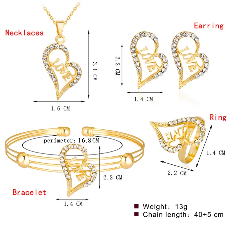 Милая любовь сердце полые ожерелье со стразами серьги кольцо браслет свадебные для женщин девочек детские модные ювелирные наборы - Окраска металла: 5A Love as Picture