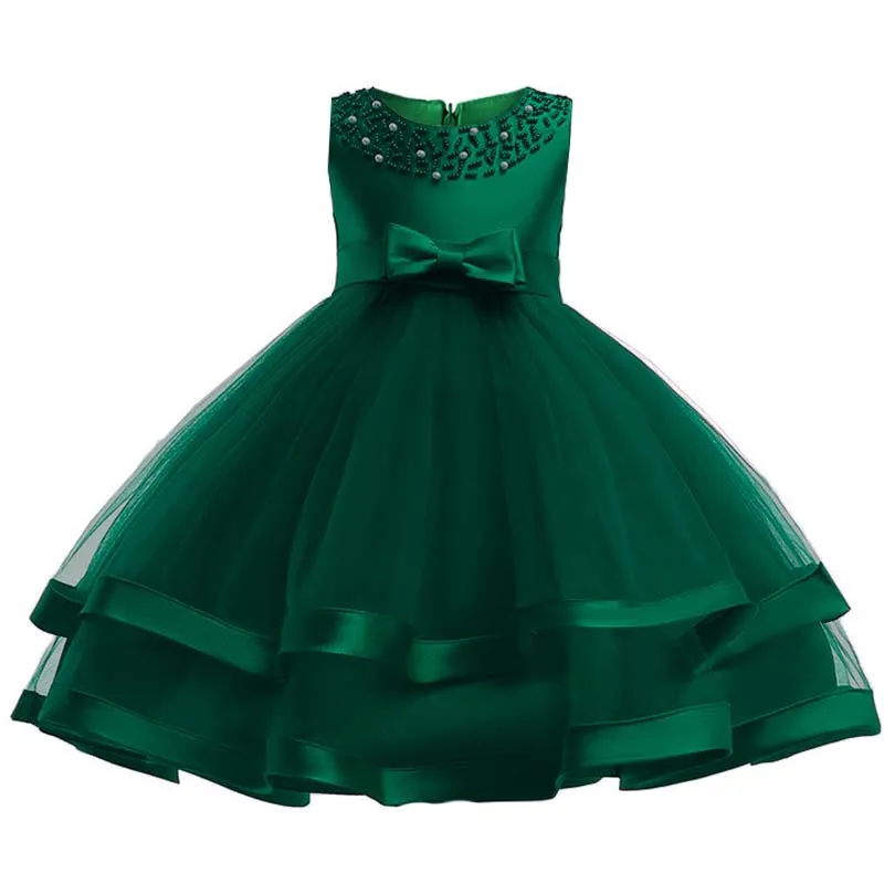 Одежда для детей; сетчатые Платья с цветочным узором и бусинами для девочек; бальное платье; одежда для первого причастия; платье принцессы; костюм для малышей; vestido comunio - Цвет: Dark green