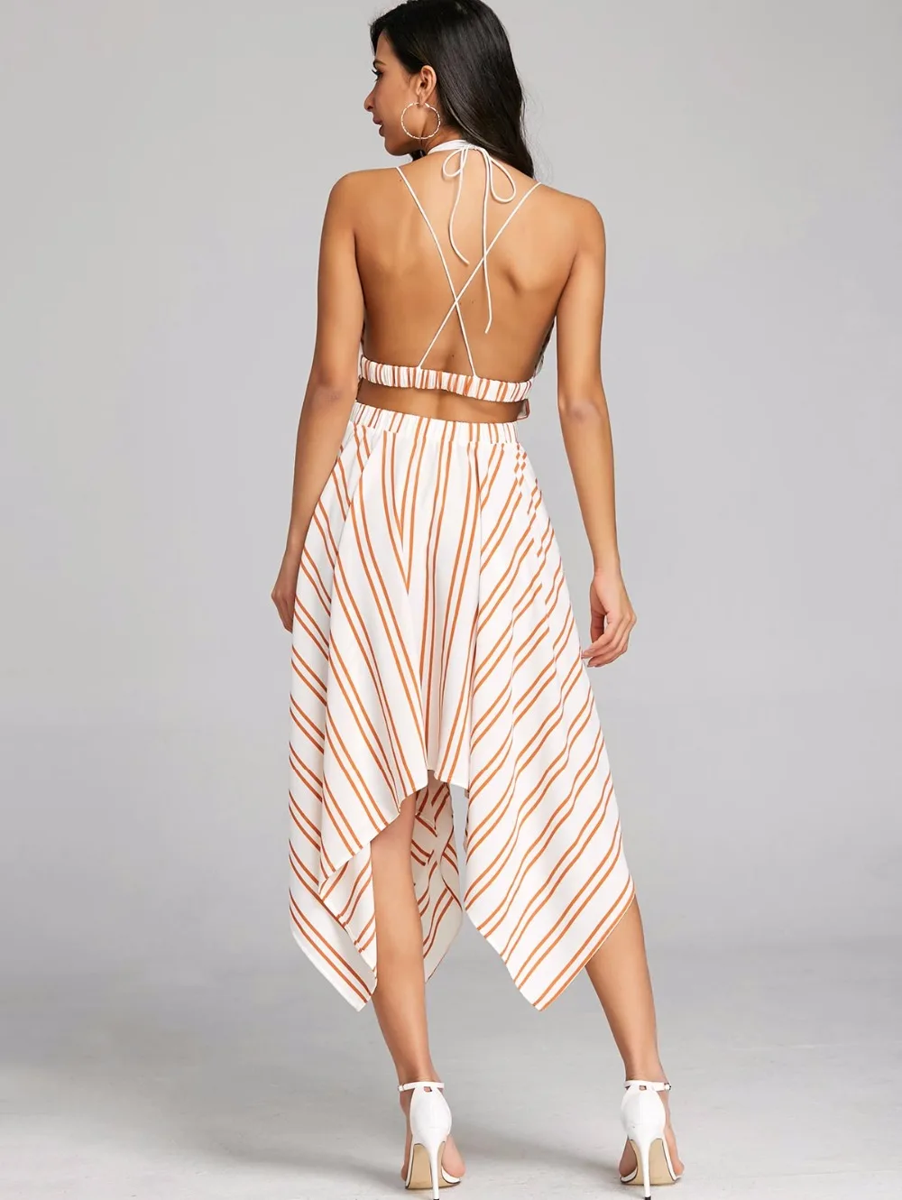 VESTLINDA Criss Cross Asymmetric Striped Dress Summer 2018 Handkerchief Strappy Sun Dress Women Backless Low Cut Robe Femme 9