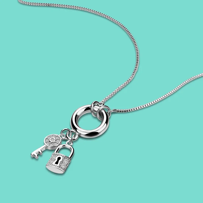 

Simple style girl charm jewelry pure 925 silver necklace key / lock pendant design solid silver box chain Christmas gift bijoux