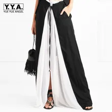 Новинка, европейская женская шифоновая черно-белая многослойная юбка макси с высокой эластичной талией, богемные пляжные длинные юбки, Свободная Женская юбка с разрезом