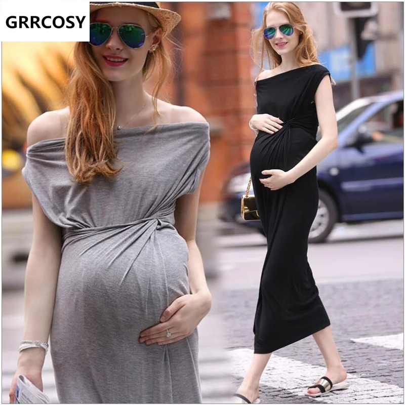 

GRRCOSY Sexy Long Modal Boat Neck Pregnancy Dress Maternity Shoulderless Dress For Pregnant Women Clothes Plus Size Clothing