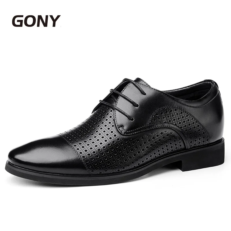 

Summer Hollow Breathable Genuine Leather Men's Formal Dress Shoes With Hidden Elevator Lift Insole Height Increasing 6 CM