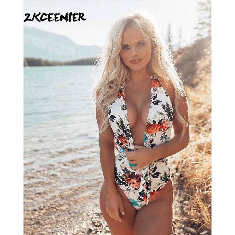 

One Piece Swimsuit Women 2019 Bandage Swimwear Sexy V Neck Floral Piece Swimwear Bathing Suit Women Badpak Monokini Micro