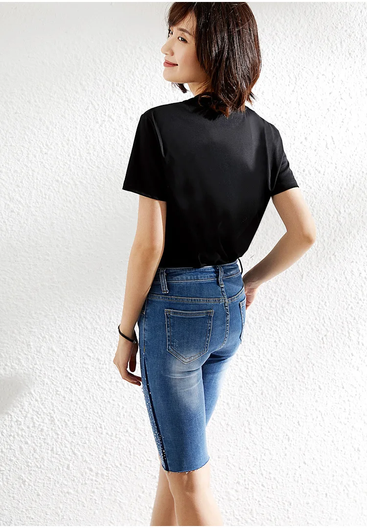 Rhinestone Mom Jeans Boyfriend Ripped Jeans for Women Slim Sexy Pants Clubwear Street Style Skinny Shorts Woman Distressed Jeans