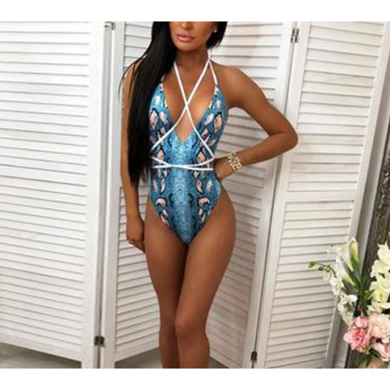 

Print One Piece Swimsuit Women Deep V Neck Bikini 2019 Mujer Monokini Vintage Bodysuit Female Bandage Beach Swimwear Biquini