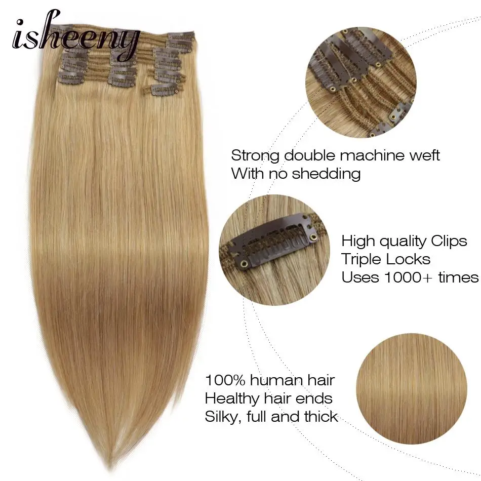 Isheeny Remy Clip in Human Hair Extensions Dark Blonde Color 27# Thick Double Weft Brazilian Hair Clip ins Full Head Set