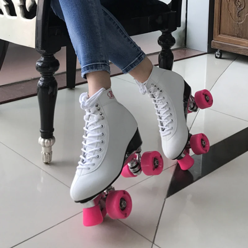 Women's Classic Retro 4 Wheels Quad Roller skates  skating shoe  pink wheels,white shoes Aluminum Plate,free shipping