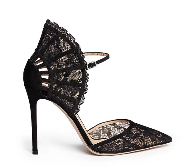

Fashion Black Lace Flower Embroidery High Heel Sandal Woman Sexy Pointed Toe Ankle Strap Gladiator Shoe Thin Heels Party Shoes