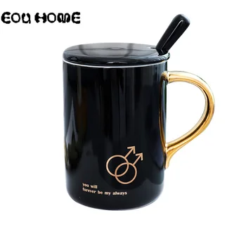 

400ml High Quality Creative Ceramic Mug with Spoon Cover Black and Gold Porcelain Milk Breakfast Coffee Cup Water Cup Good Gift