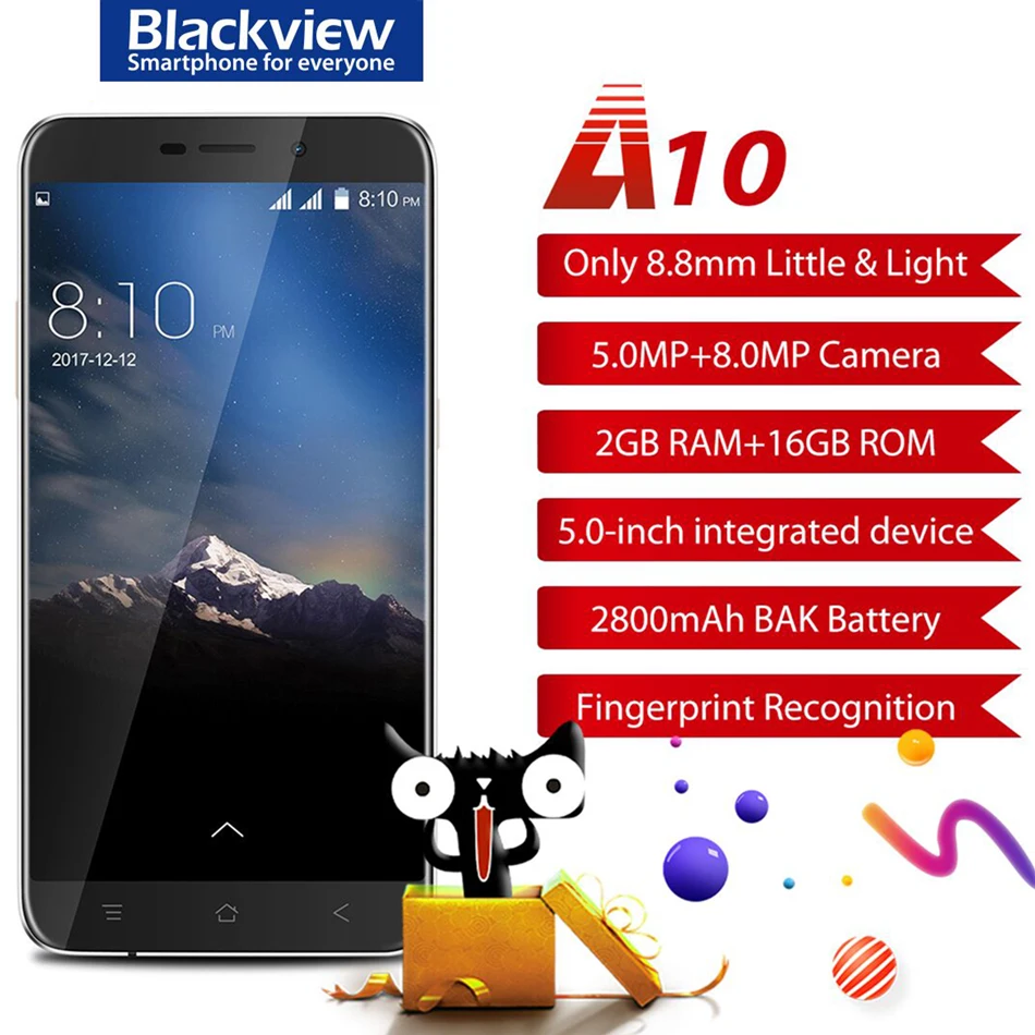 Смартфон Blackview A10 3g, 5,0 дюймов, 720 P, HD ips, Android 7,0, 2 Гб ОЗУ, 16 Гб ПЗУ, четырехъядерный, с сенсорным экраном, ID, 8 Мп, Unibody, тонкий мобильный телефон