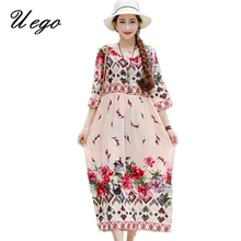 Uego тонкое легкое Мягкое хлопковое полотно свободные летние пляжные повседневные платья с модным цветочным принтом винтажное прерия шик платье женское платье