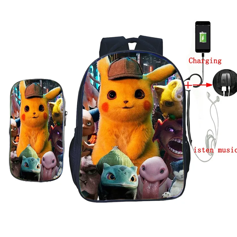 Рюкзак Pokemon Detective Pikachu с USB зарядкой, школьные рюкзаки для подростков, мальчиков и девочек, Mochila, детский дорожный рюкзак с пеналом - Цвет: 16