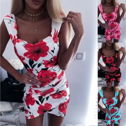

Meihudia 2019 Fashion Womens Boho Floral Print Bodycon Mini Dress Ladies Holiday Beach Sundress