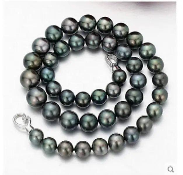 

beautiful 10-11mm tahitian round black green pearl necklace 18 inch 36