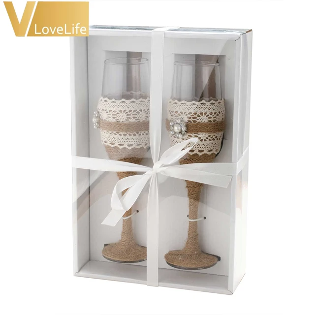 2pcs Set Beautiful Burlap Wedding Wine Toasting Glasses Rustic Wedding Decor Champagne Glasses Gift Box For Wedding Decoration