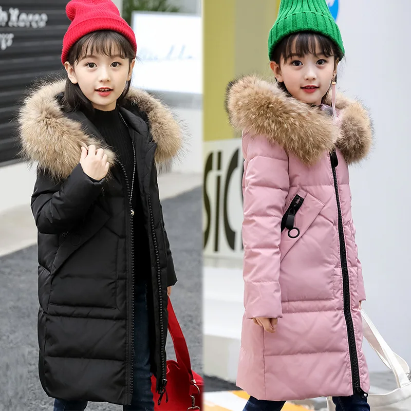 30 градусов девушки Костюмы теплый пуховик для девочек одежда зимняя утепленная куртка-парка с капюшоном с натуральным мехом, Детская верхняя одежда, пальто