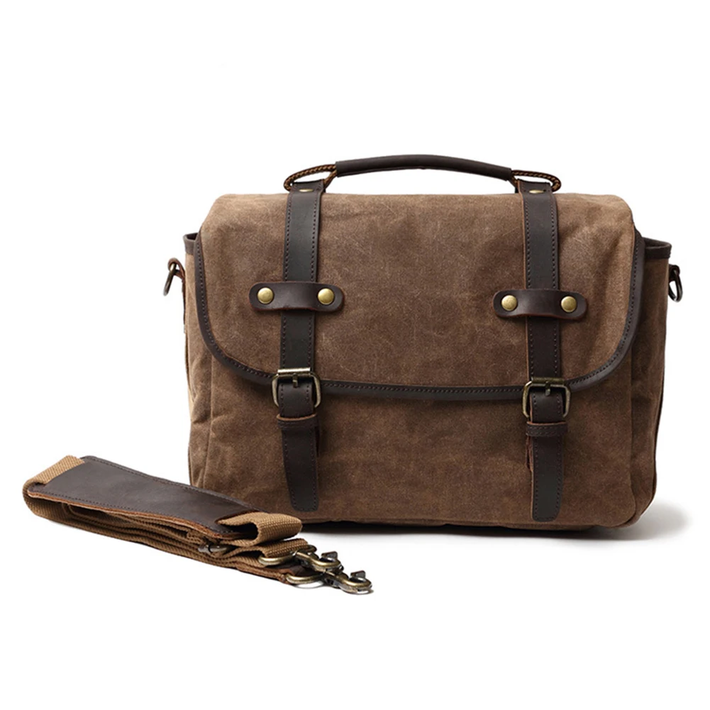 

Briefcase Men Messenger Bag Oil Wax Breathable Canvas Adjustable Strap Zipper Satchel Work Retro Waterproof Laptop Vintage