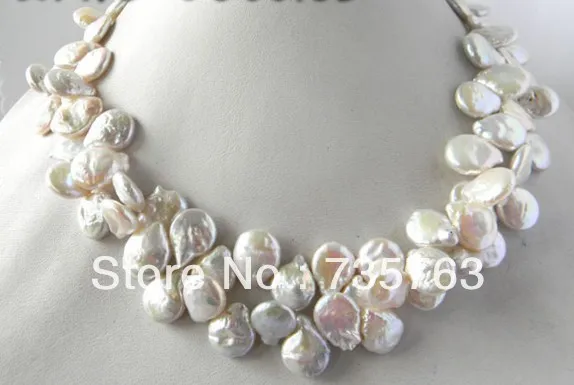 

HOT 00398 2Strands 12mm White Coin Baroque Freshwater Pearl Necklace