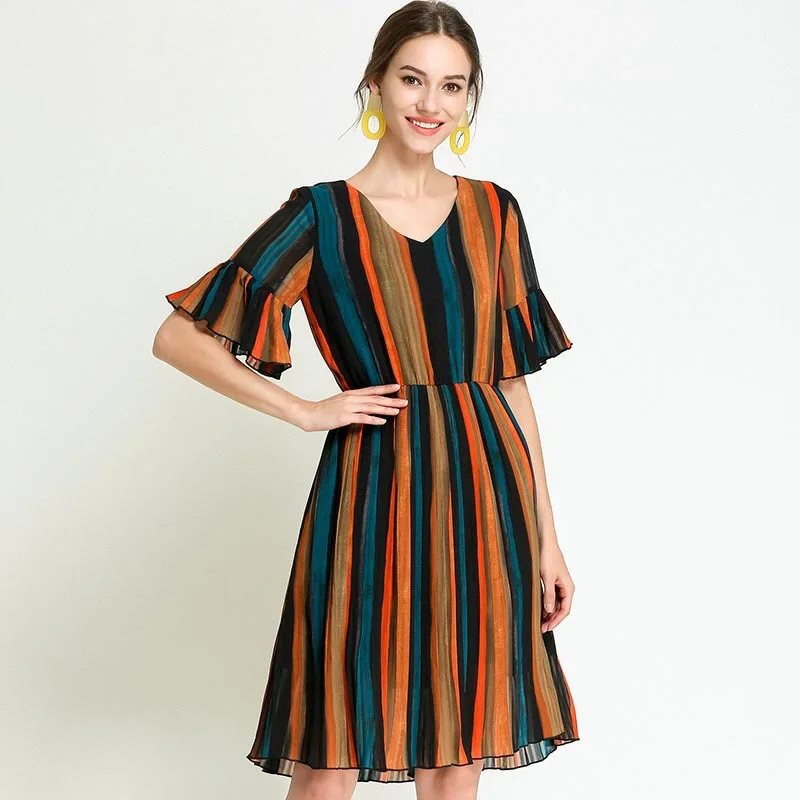 

2018 Rainbow Vertical Striped Dress Summer Chiffon Dress Elegant Maternity Dress Loose Pregnancy Clothes Plus Size M-5XL Ruffles