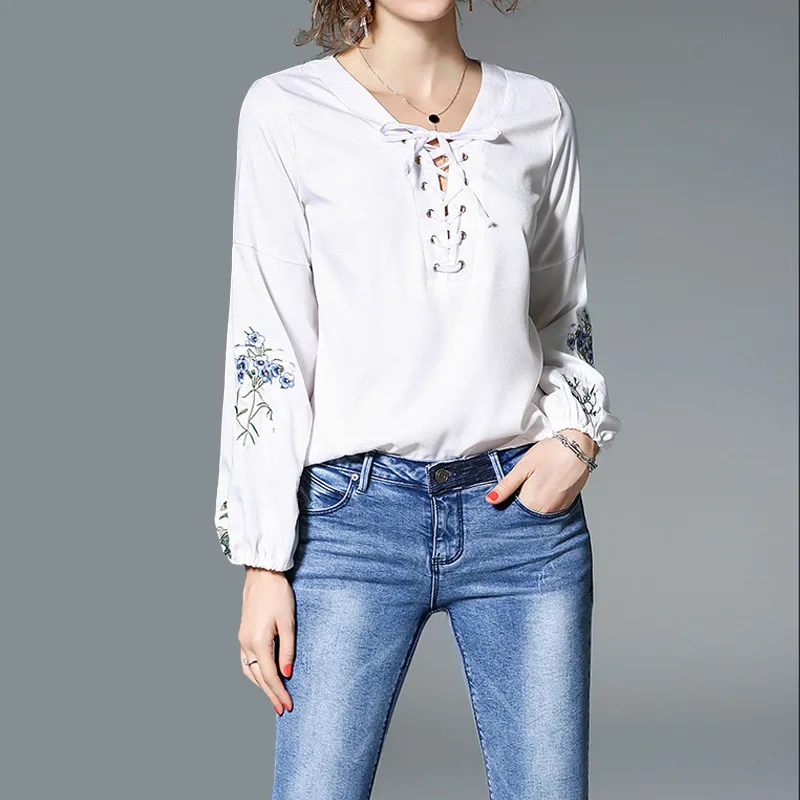 ANMO Female autumn spring Embroidery blouse long sleeve