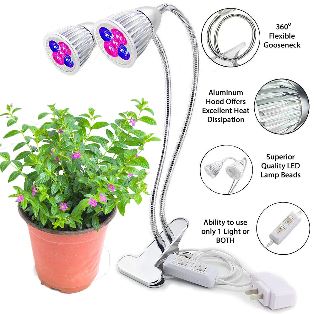 

LED Grow Light Dual Head Clip Desk Lamp Full Spectrum with 360 Degree Flexible Gooseneck Light for Office Home Indoor Plants