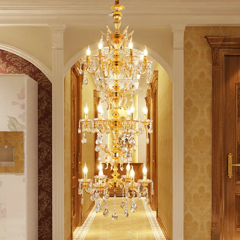 Nordic Lungo Scale Lampada Lampadario Foyer Oro Lampadari Di Cristallo Lustre De Cristal Di Stile Dell'Europa Retro Hanging Light Per La Villa