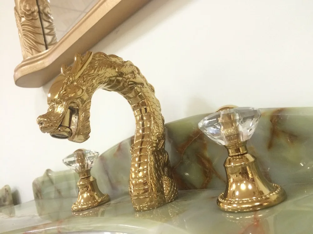 Bathroom 3 Pcs widespread Lavatory Sink faucet Crystal handle Mixer tap Gold Pvd