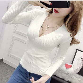 

Winter Slim Pullover sweater Long Sleeve Knitted Sweater Sexy V-Neck Women Sweaters Solid 9 Color Fashion Pull Femme