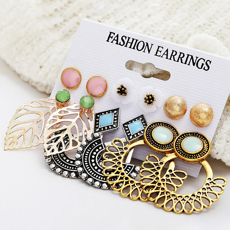 

Vintage Stud Earrings Set Mixed For Women Bohemian Gold Color Leaf Flower Stone Statement Hang Brincos Jewelry