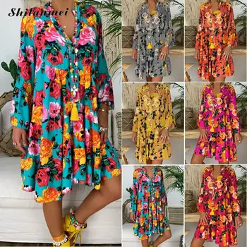 

Floral Printing Big Size Beach Dress Women 2019 V Neck Long Sleeve Autumn Fashion Party Dress Loose Causal Female Boho Sundress