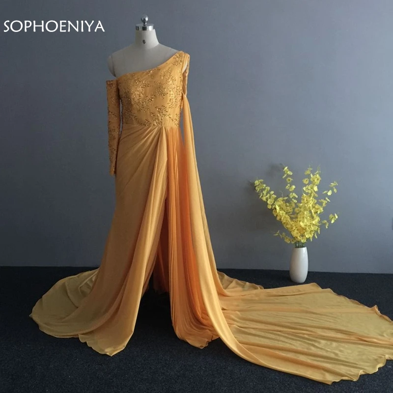 

New Arrival Chiffon Long sleeve evening dresses 2019 vestido de festa longo Beaded Muslim evening dress slit Sexy evening gowns
