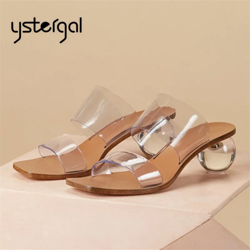 

Ystergal Transparent Ball Heel Women Slippers Square Toe Clear Heels PVC Mules Summer Ladies Gladiator Sandals Outside Slides