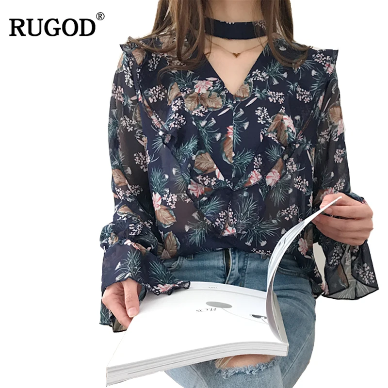 RUGOD 2018 Summer Fashion Floral Print Chiffon Blouse